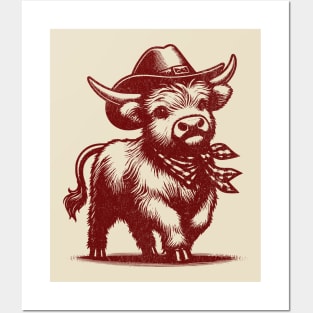 Cute Highland Cow Cowboy design in Vintage Retro Aesthetic Posters and Art